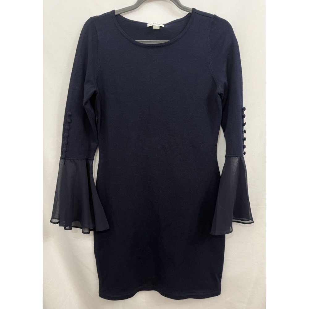 Calvin Klein Navy Knit Sheath Dress Sheer Bell Sleeves Womens Size M Stretch